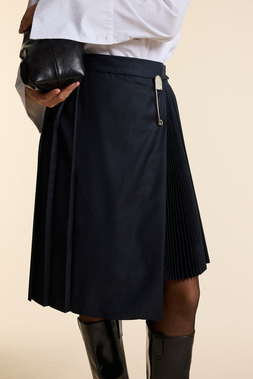 Navy Wool Midi Multi Pleat Wrap Skirt