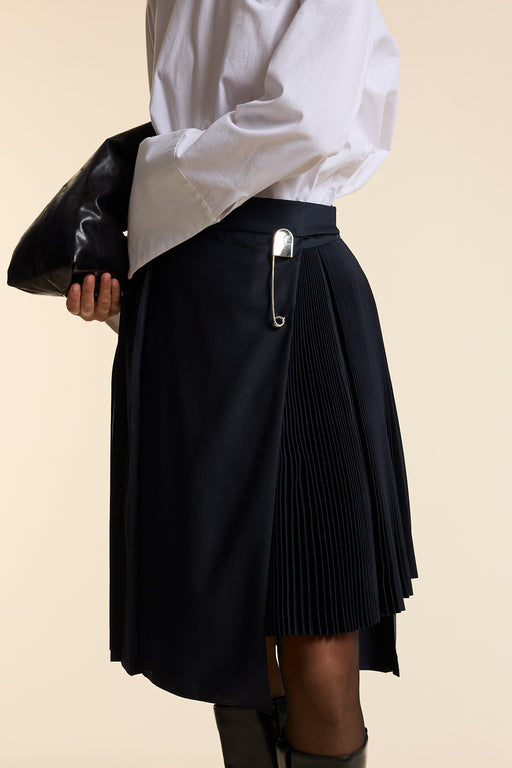 Navy Wool Midi Multi Pleat Wrap Skirt