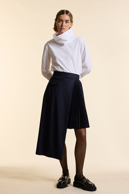 Navy Wool Asymmetrical Pleated Wrap Skirt