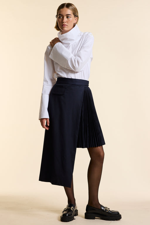 Navy Wool Asymmetrical Pleated Wrap Skirt