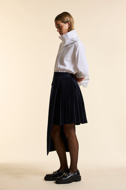 Navy Wool Asymmetrical Pleated Wrap Skirt