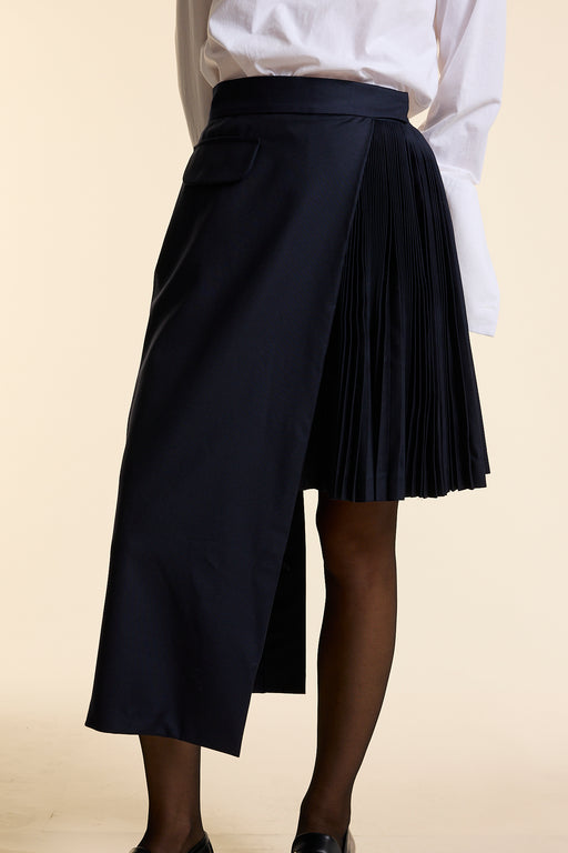 Navy Wool Asymmetrical Pleated Wrap Skirt