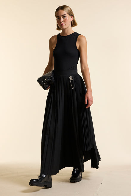 Black Wool Long Contrast Pleated Skirt