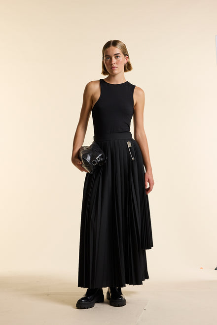 Black Wool Long Contrast Pleated Skirt