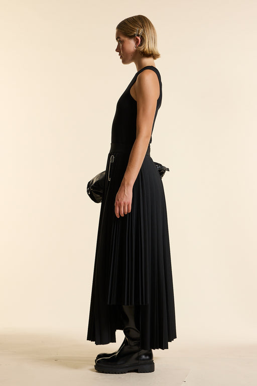 Black Wool Long Contrast Pleated Skirt