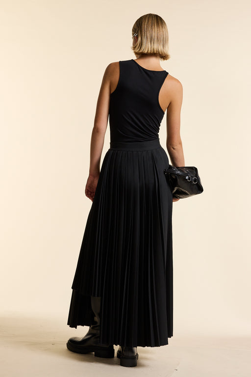 Black Wool Long Contrast Pleated Skirt