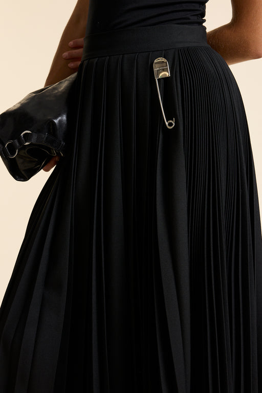 Black Wool Long Contrast Pleated Skirt