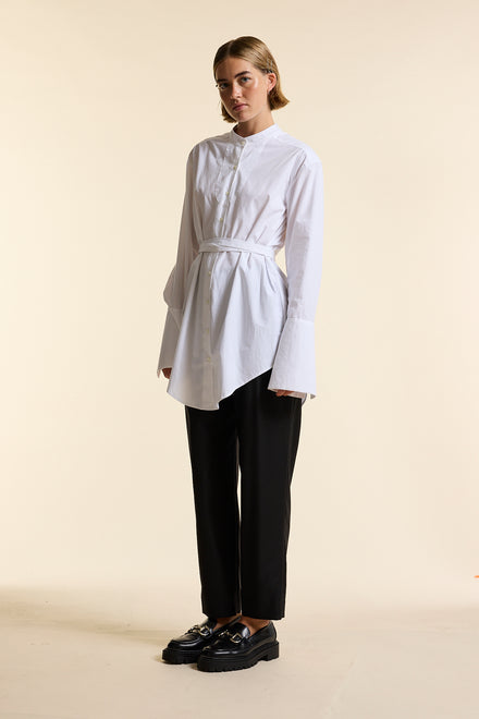 White Organic Poplin Collarless Tie Waist Shirt