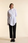 White Organic Poplin Collarless Tie Waist Shirt