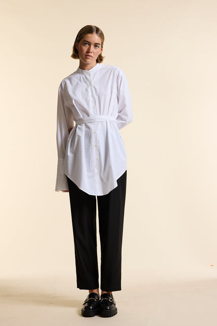 White Organic Poplin Collarless Tie Waist Shirt