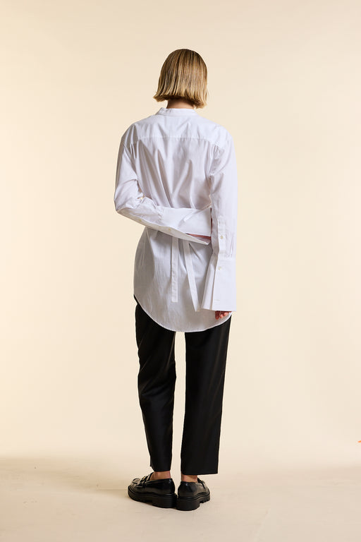White Organic Poplin Collarless Tie Waist Shirt