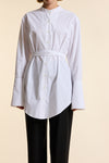 White Organic Poplin Collarless Tie Waist Shirt