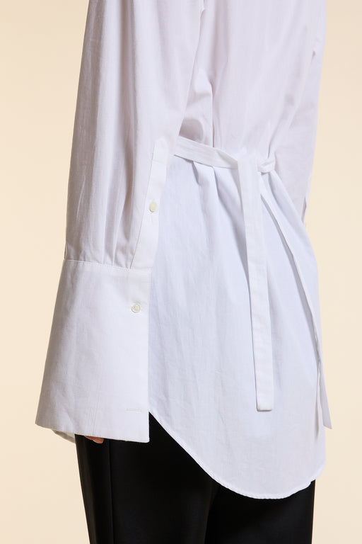 White Organic Poplin Collarless Tie Waist Shirt