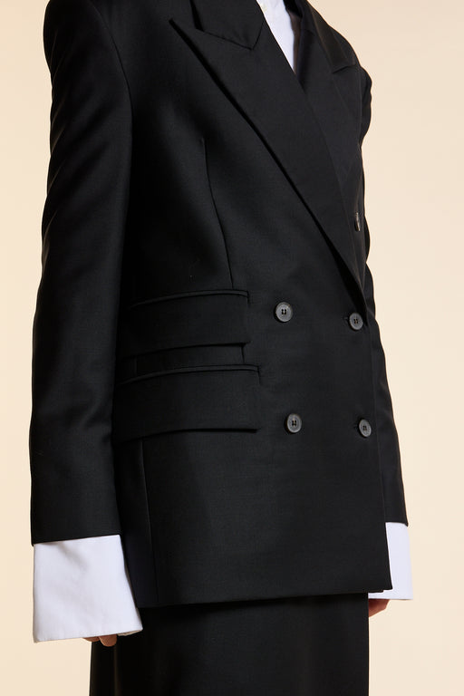 Black Wool Exaggerated Double Breasted Jacket