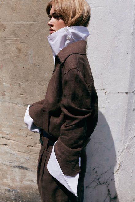 Brown Linen Bomber Jacket