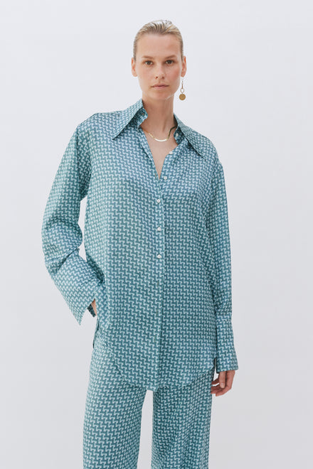 Aqua Tile Printed Silk Exaggerated collar shirt