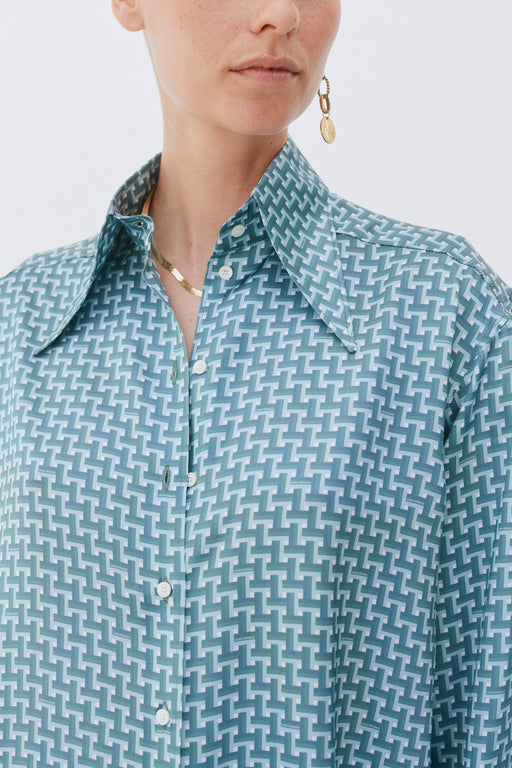 Aqua Tile Printed Silk Exaggerated collar shirt