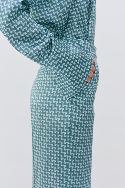 Aqua Tile Printed Silk Wide Leg Tailored Trouser