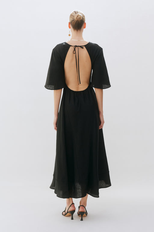 Open Back Black Linen Floaty Dress