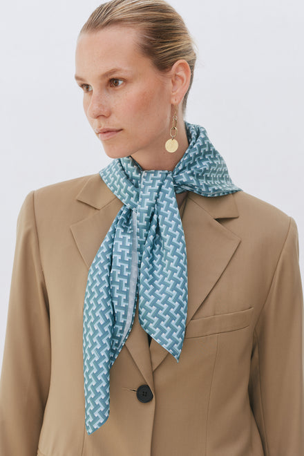 Blue Tile Print Oversized Silk Scarf