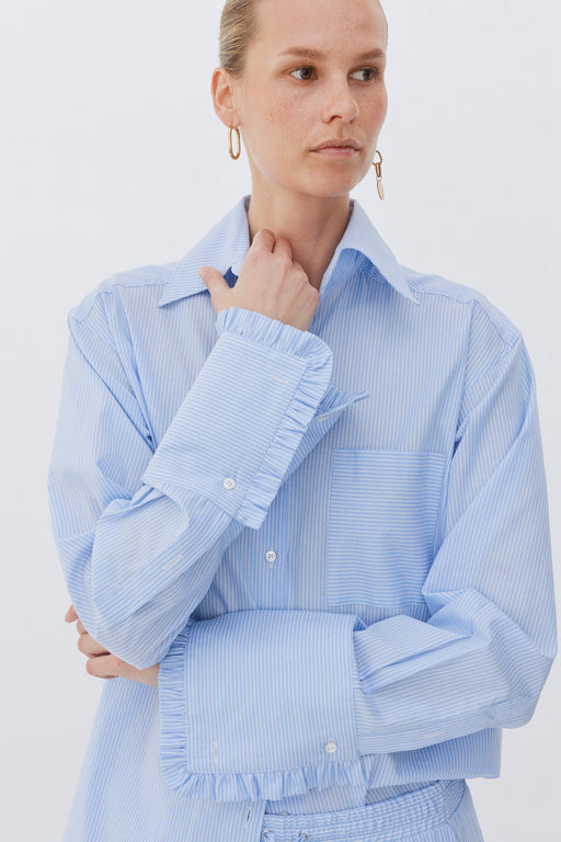 Blue Stripe Oversized Tailored Poplin Frilled Cuff Shirt