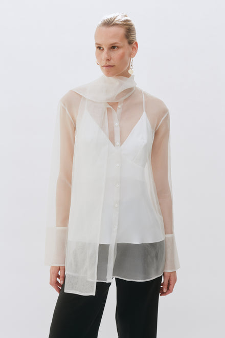 Ivory Organza Silk Tie Neck Shirt