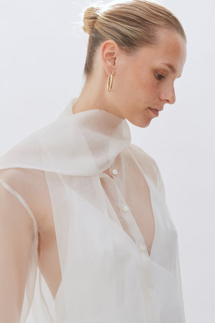Ivory Organza Silk Tie Neck Shirt