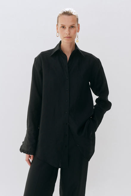 Black Linen Oversized Tailored Frilled Cuff Shirt