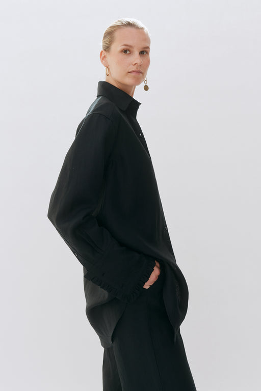 Black Linen Oversized Tailored Frilled Cuff Shirt