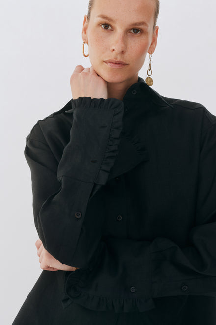 Black Linen Oversized Tailored Frilled Cuff Shirt