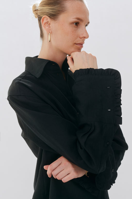 Black Linen Oversized Tailored Frilled Cuff Shirt
