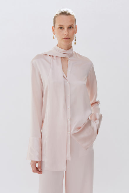 Baby Pink Silk Tie Neck Shirt