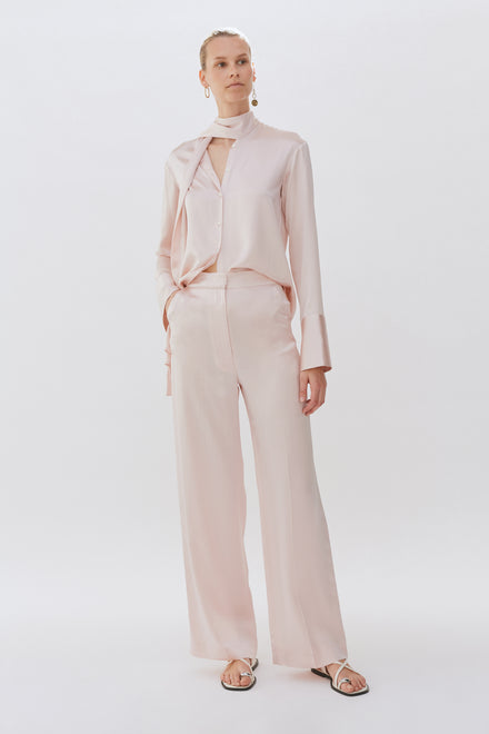 Baby Pink Wide Leg Silk Tailored Trouser