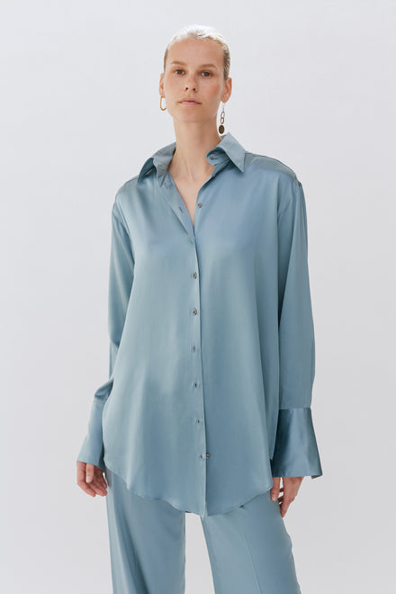 Ice Blue Silk Oversized Tailored Shirt