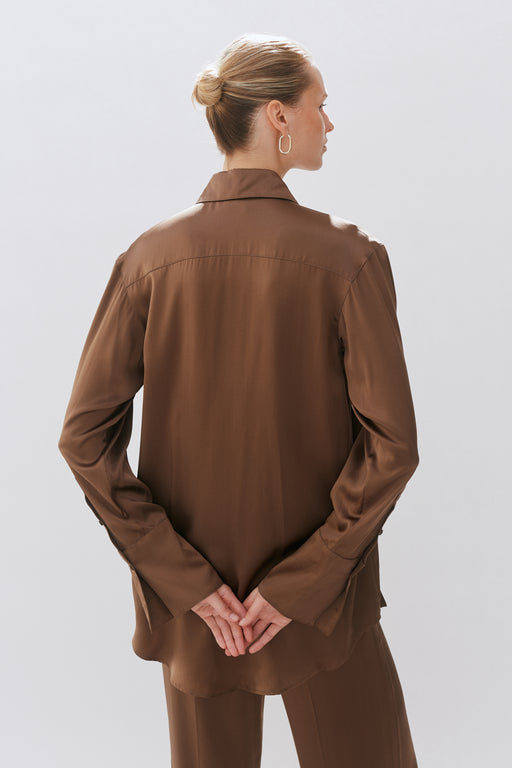 Chocolate Brown Silk Oversized Tailored Shirt