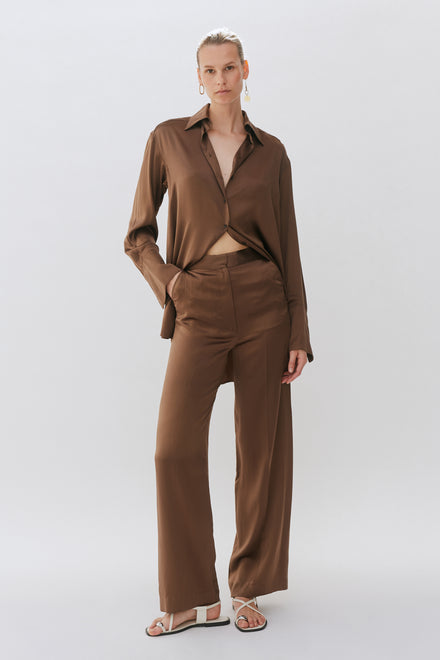 Chocolate Brown Wide Leg Silk Tailored Trouser