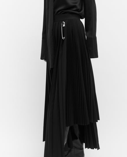 Black Wool Contrast Pleated Skirt