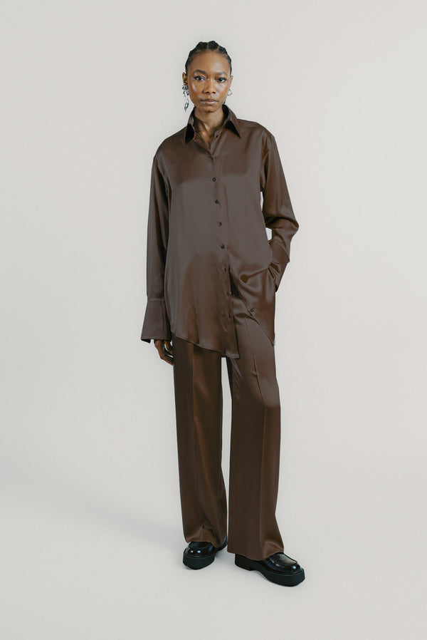 Chocolate Brown Silk Oversized Tailored Shirt
