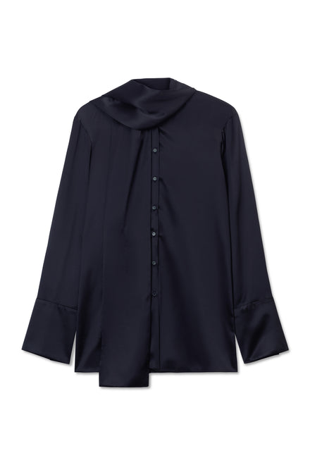 Navy Silk Tie Neck Shirt